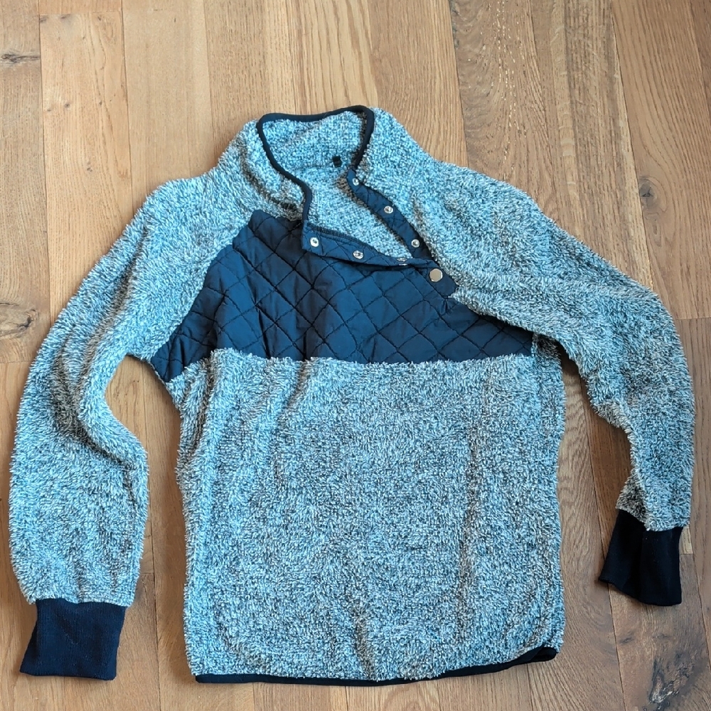 Cozy Sherpa Pullover with Quilted Yoke - Light Blue & Navy